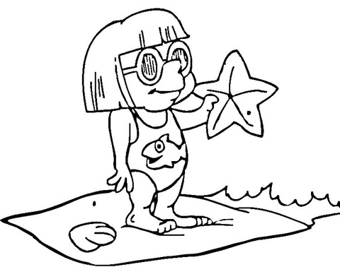 Girl Found Starfish  Coloring Page